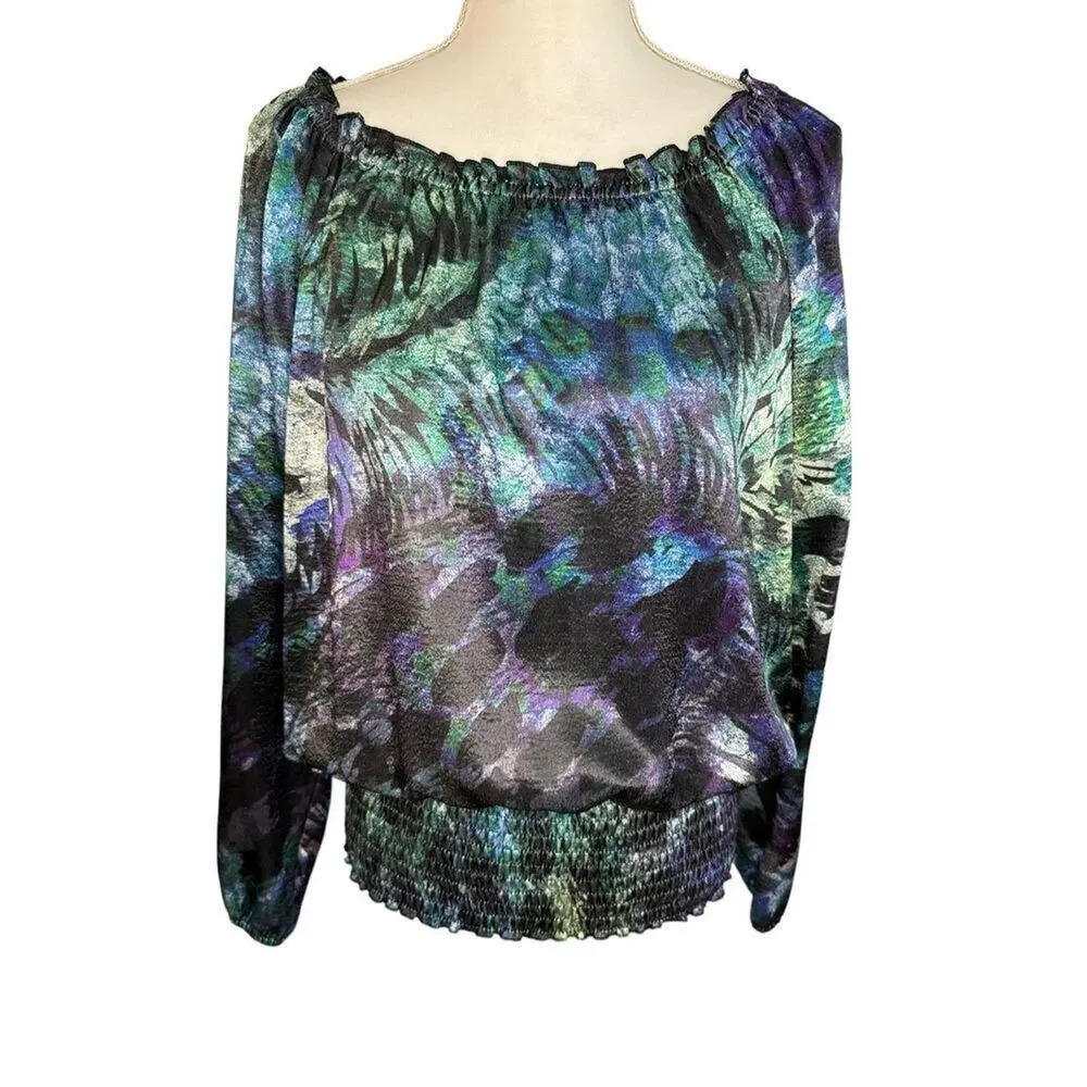 Christopher & Banks Women’s Medium Purple & Blue Multicolored Satin Blouson Top